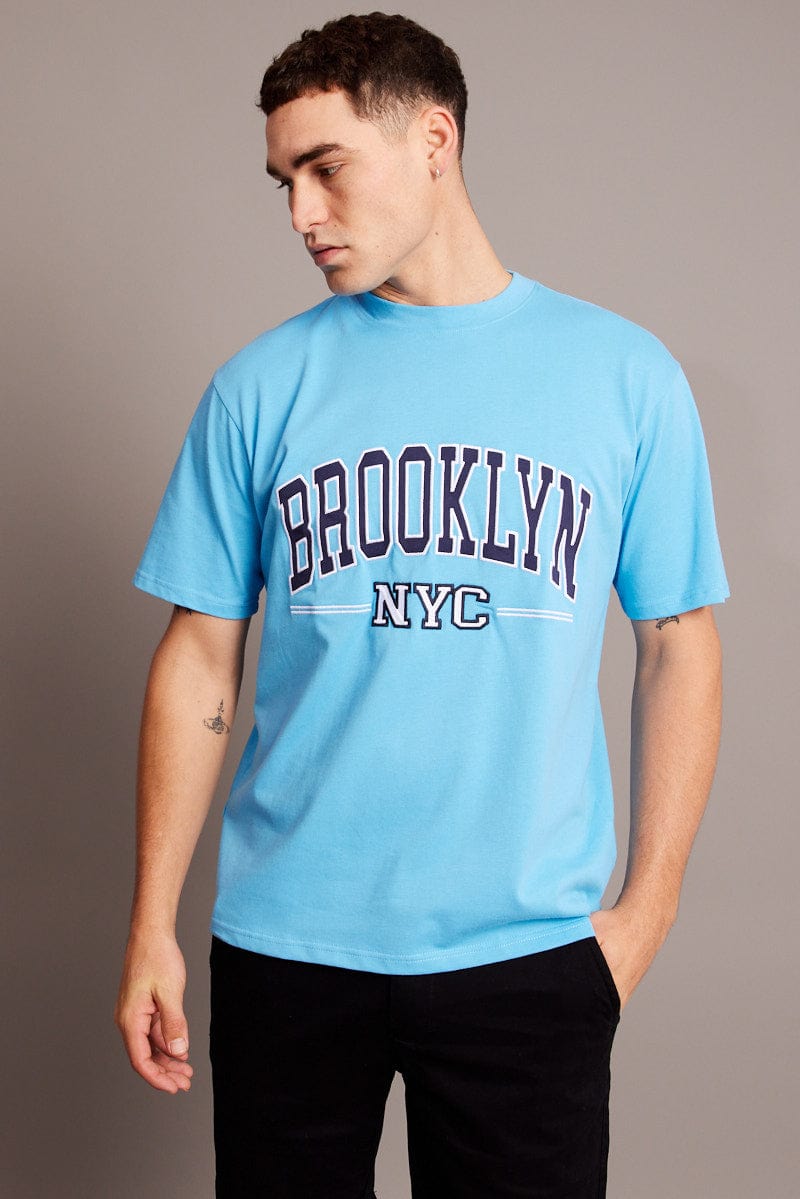 Blue Graphic Tee Embroidery Brooklyn Slogan T-shirt