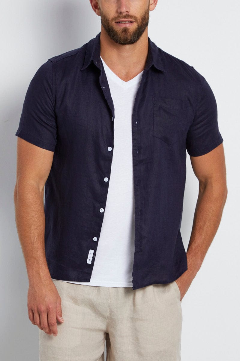 Blue Linen Shirt Short Sleeve Slim Fit Button Up - Main Image