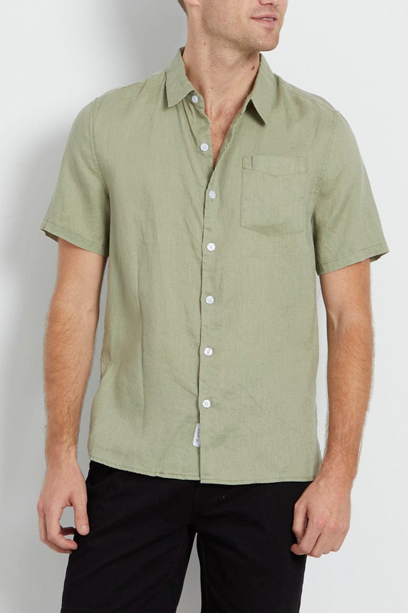 Green Linen Shirt Short Sleeve Slim Fit Button Up