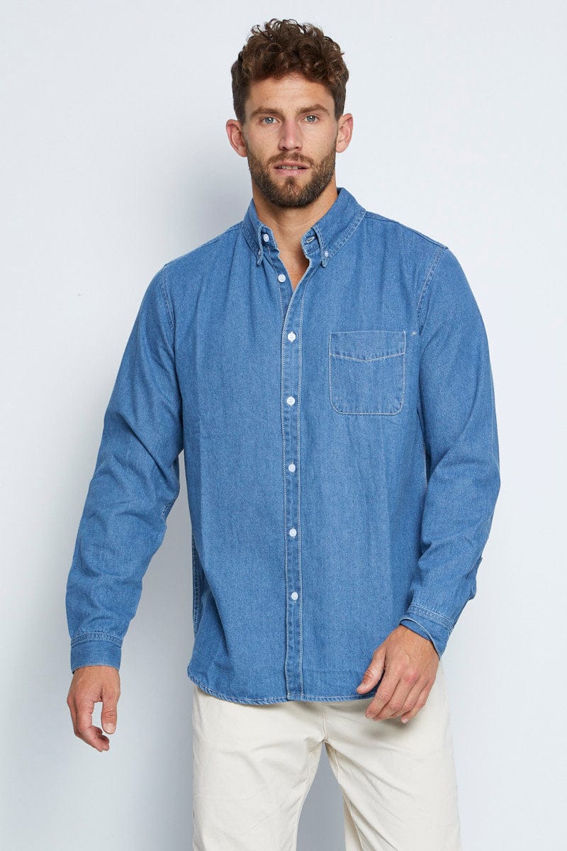 Men's Denim Shirt Long Sleeve Button Down AM Supply