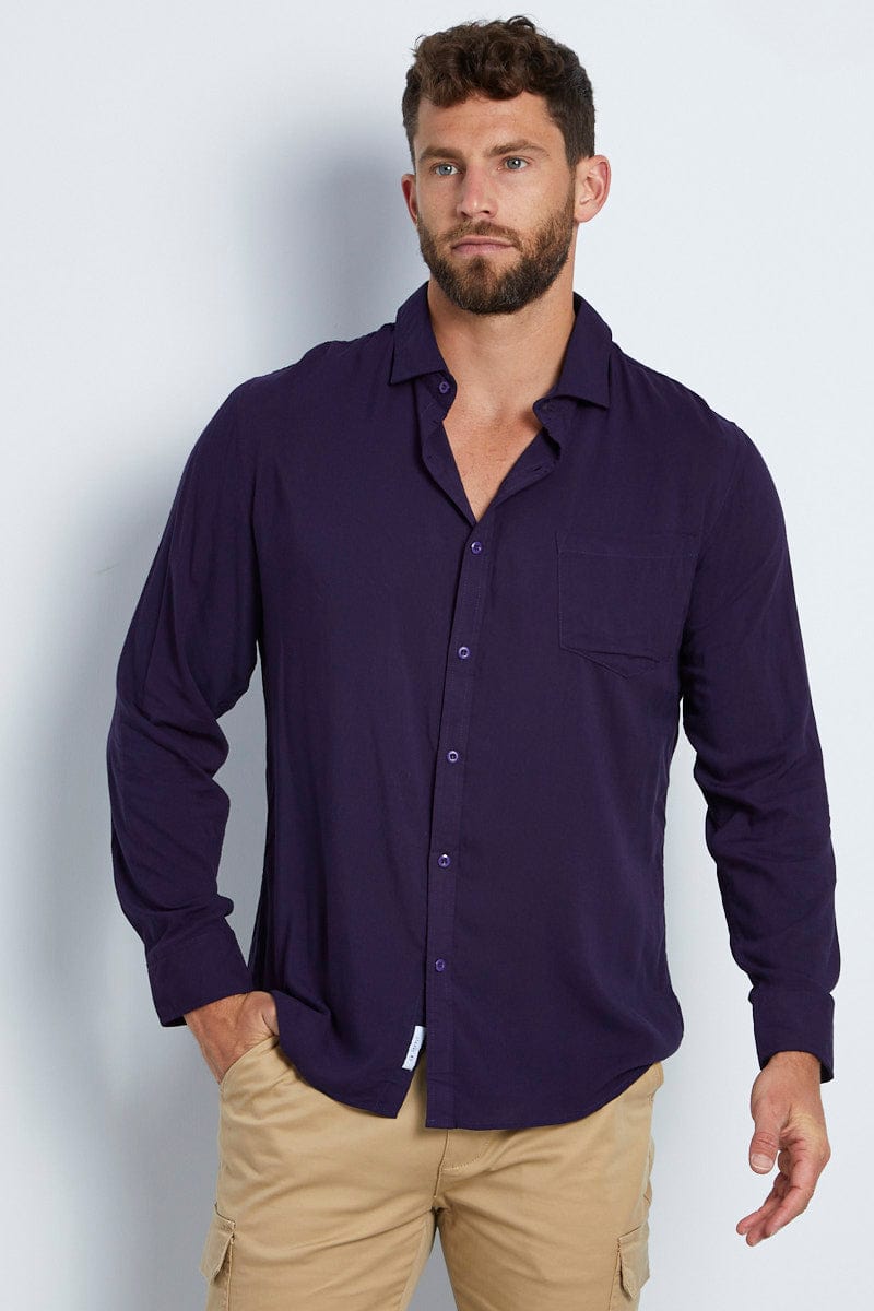 LONG SLEEVE Blue Rayon Shirt Long Sleeve Relaxed Fit for Women by Ally