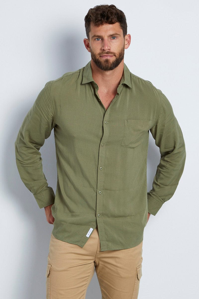 LONG SLEEVE Green Rayon Shirt Long Sleeve Relaxed Fit for Women by Ally