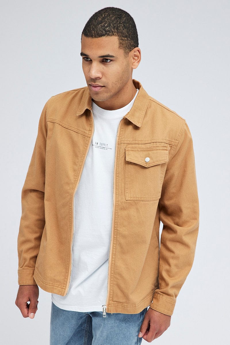 Camel Jacket Long Sleeve Collared Button Up Relaxed Fit for AM Supply