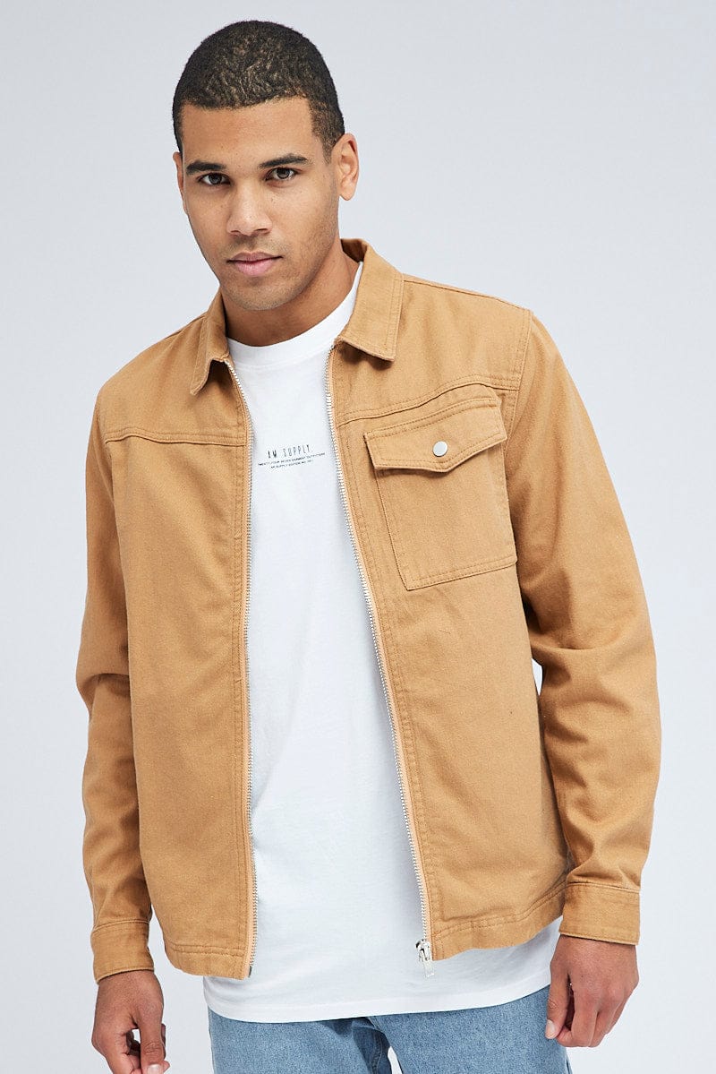 Camel Jacket Long Sleeve Collared Button Up Relaxed Fit for AM Supply