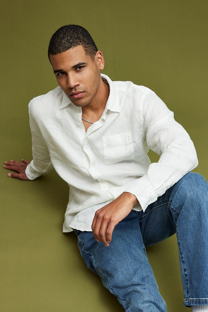 White Linen Shirt Long Sleeve Slim Fit Button Up for AM Supply