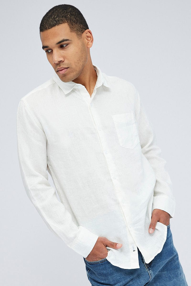 White Linen Shirt Long Sleeve Slim Fit Button Up for AM Supply