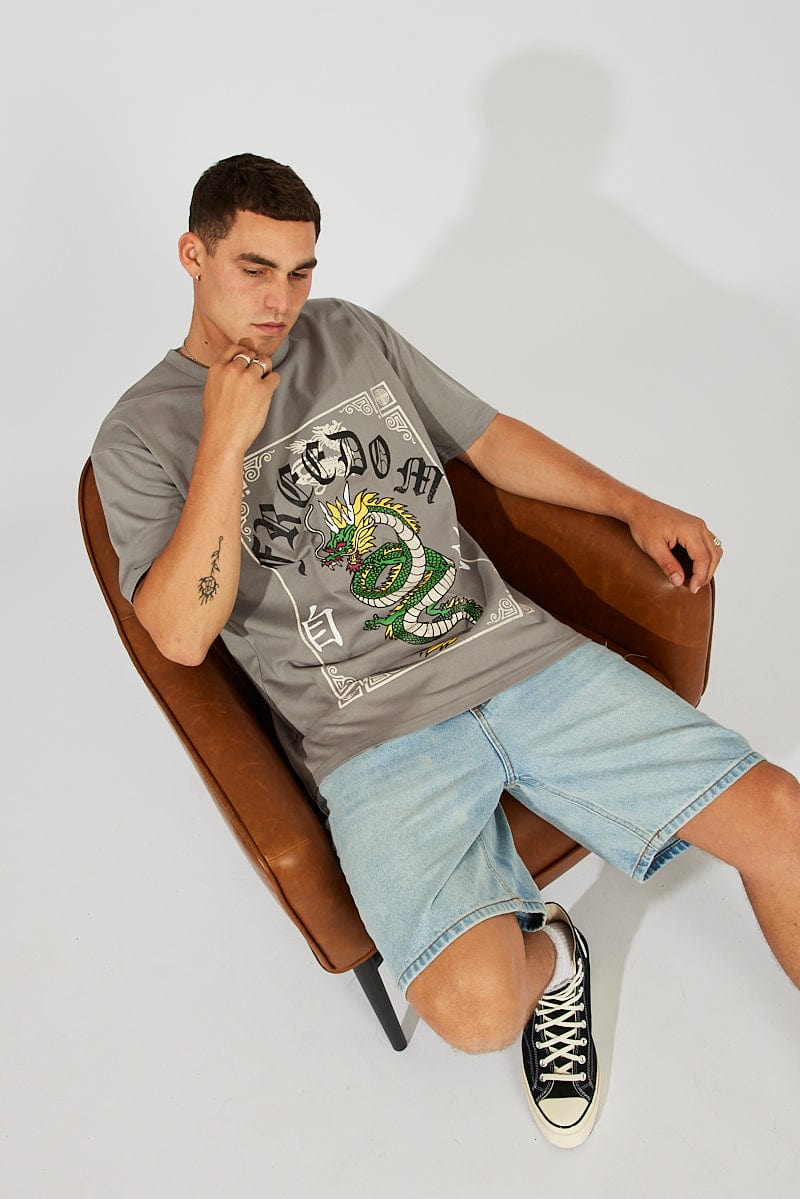 Grey Graphic Tee Snake Tattoo Border Slogan t-shirt for AM Supply