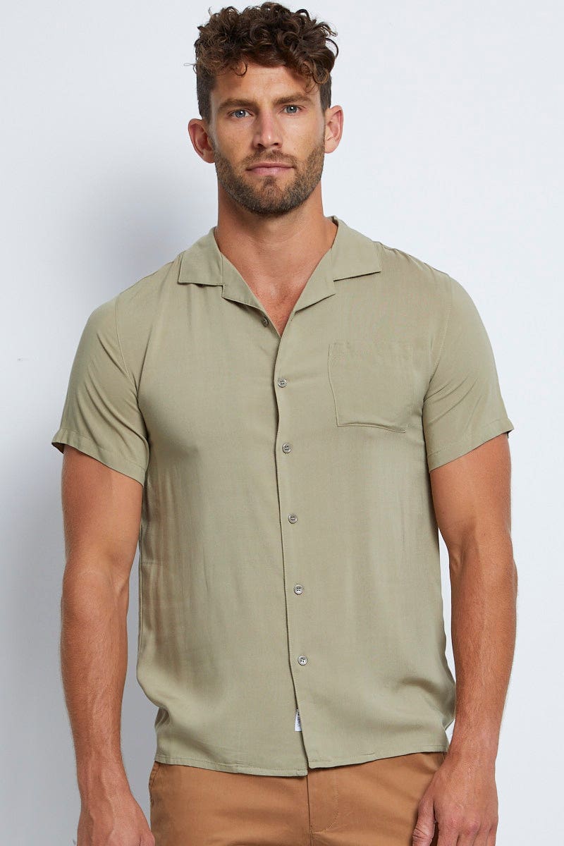 Green Viscose Shirt Short Sleeve Relaxed Fit