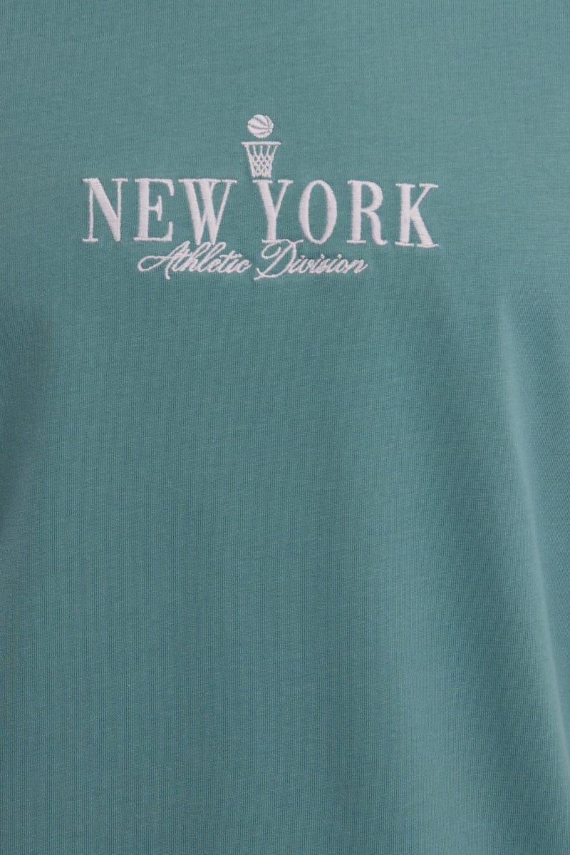 Green Graphic Tee New York Embroidery Slogan T-shirt