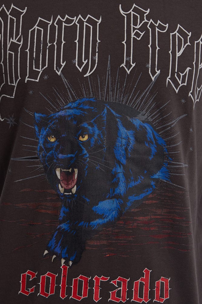 Grey Graphic Tee Panther Slogan T-shirt