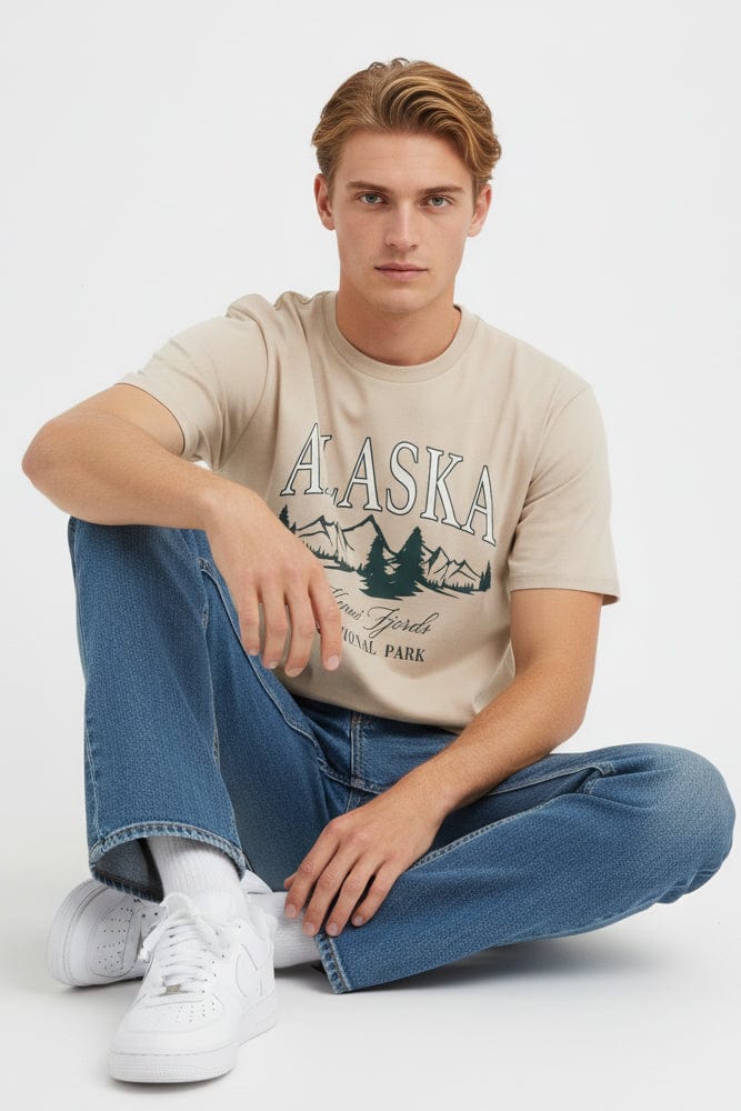 Beige Graphic Tee Mountain Alaska Slogan T-shirt