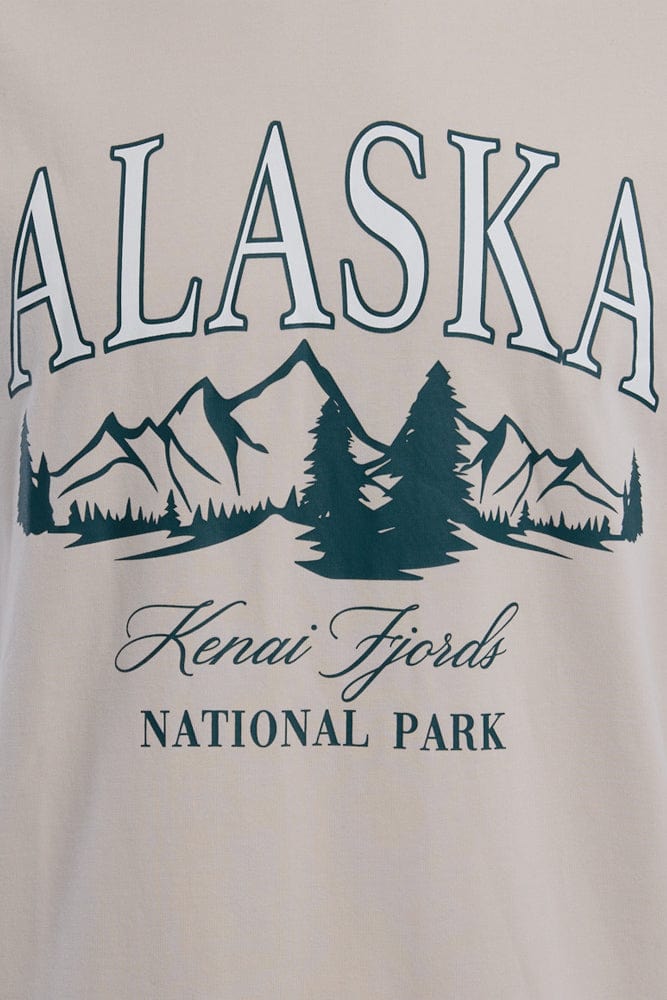 Beige Graphic Tee Mountain Alaska Slogan T-shirt