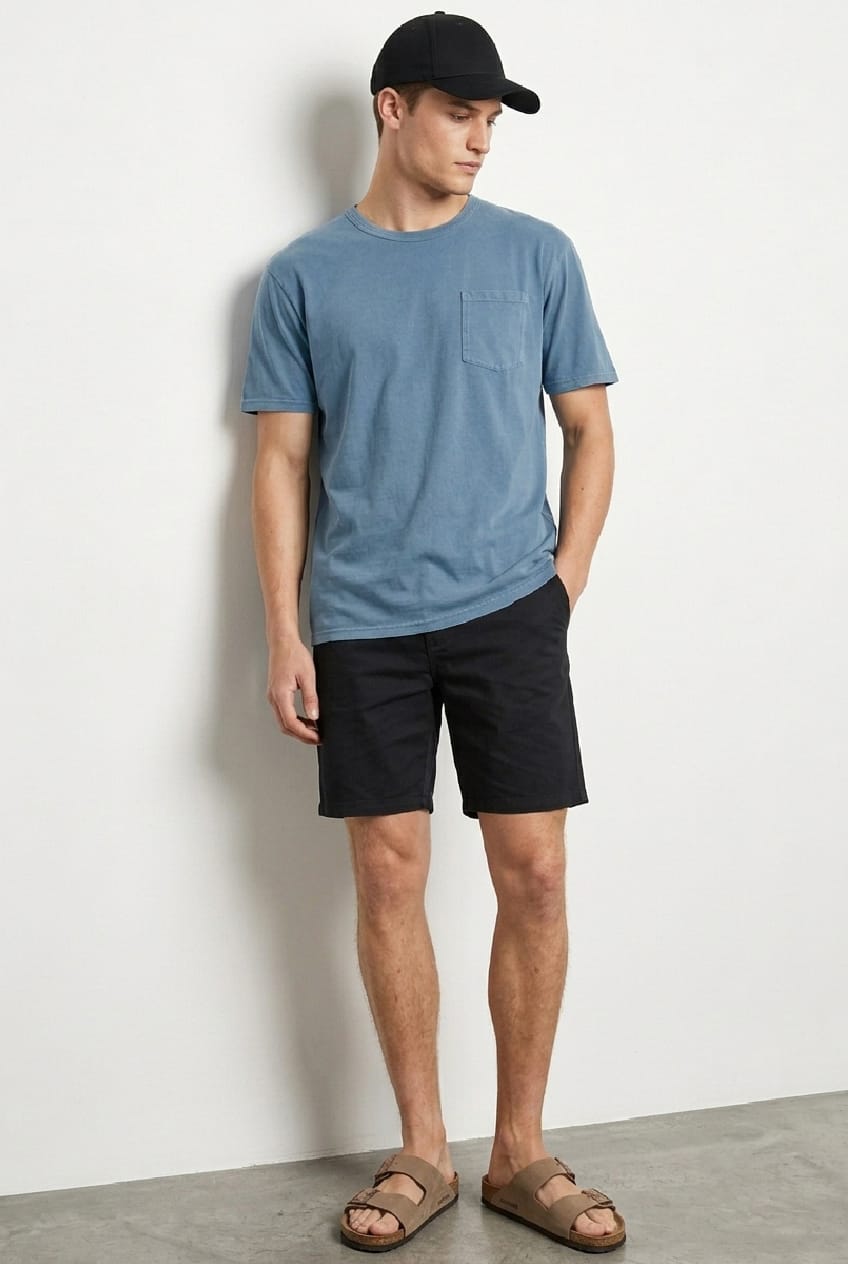 Blue Oversized T-Shirt Garment Washed Crew Neck Pocket