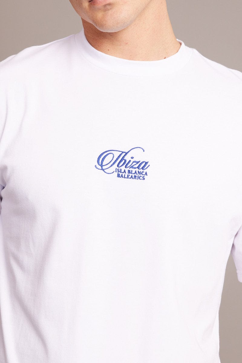 White Graphic Tee Embroidered Ibiza Slogan T-shirt for AM Supply