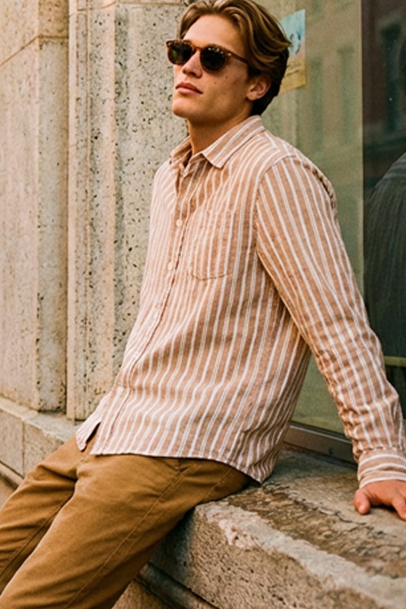 Stripe Linen Shirt Long Sleeve Yarn Dyed Button Down