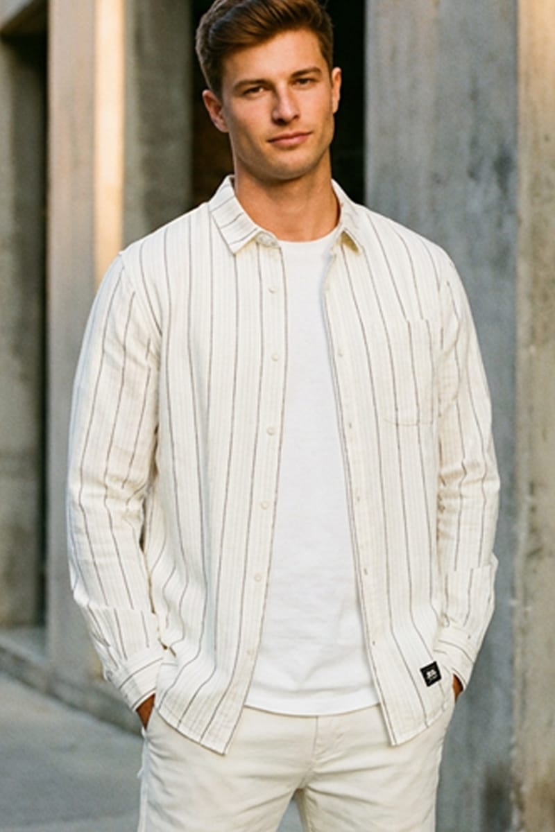 Stripe Cotton Shirt Long Sleeve Yarn Dyed Button Down