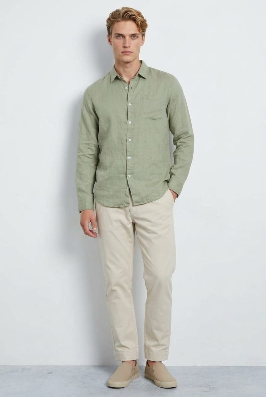 Green Linen Shirt Long Sleeve Slim Fit Button Up