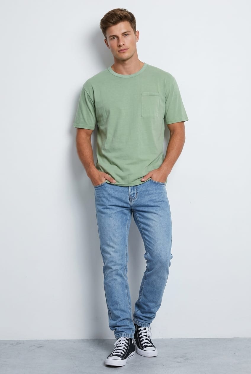 Green Oversized T-Shirt Garment Washed Crew Neck Pocket