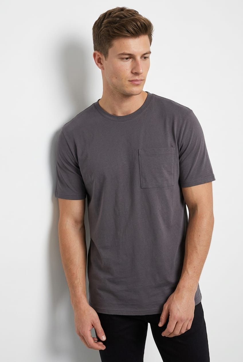 Grey Cotton T-Shirt Brushed Overized Pocket Crew Neck