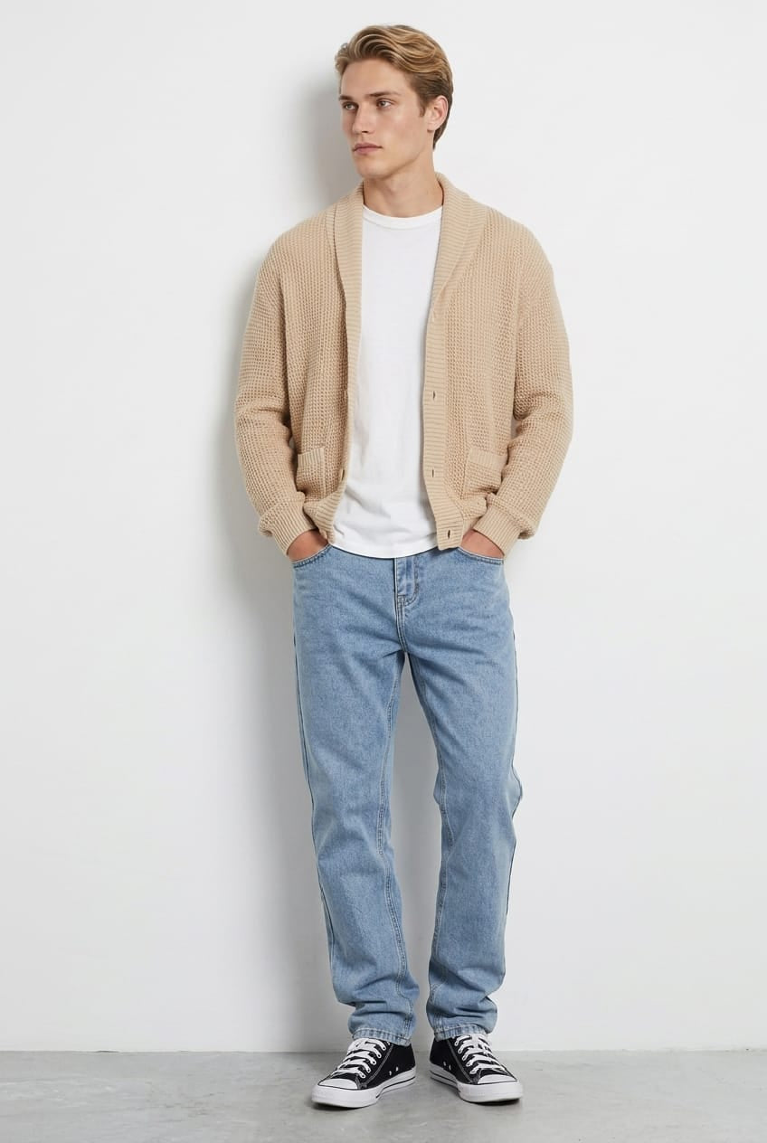 Camel Knit Cardigan Open Weave Long Sleeve Cotton