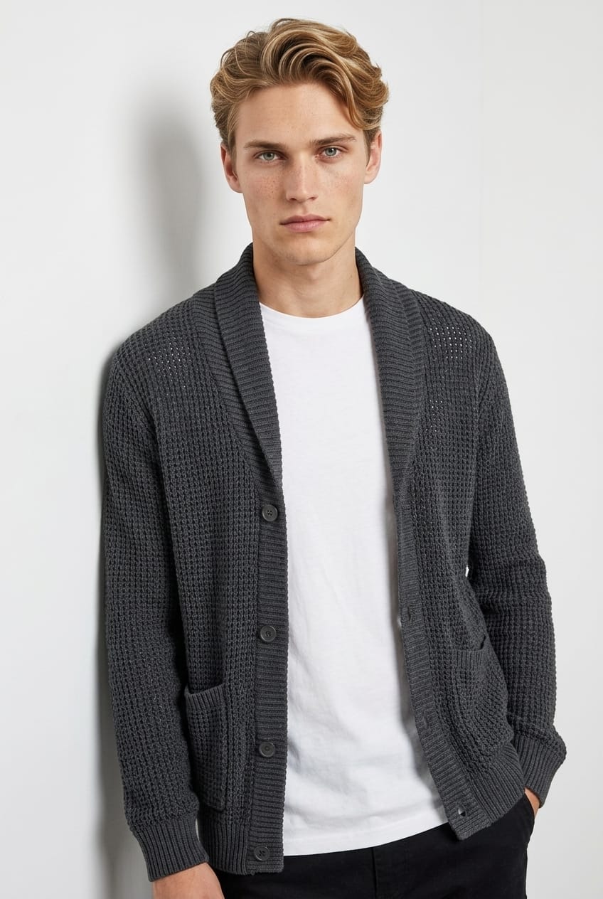 Grey Knit Cardigan Open Weave Long Sleeve Cotton