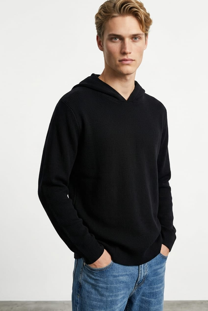 Black Knit Top Long Sleeve Hoodie