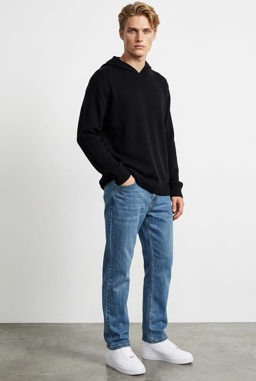 Black Knit Top Long Sleeve Hoodie