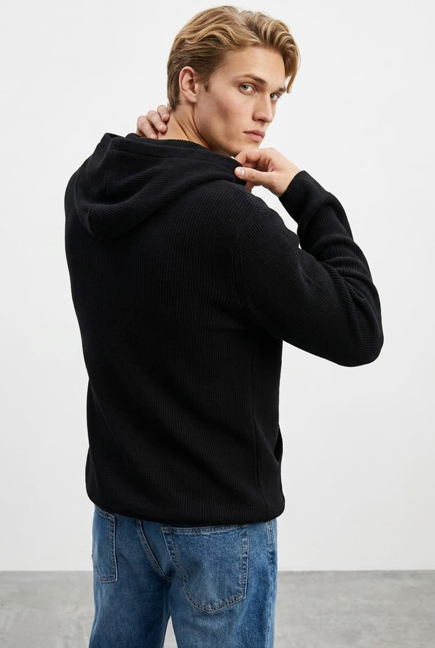 Black Knit Top Long Sleeve Hoodie