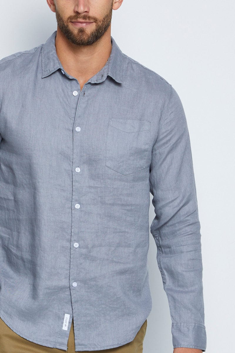 Blue Linen Shirt Long Sleeve Slim Fit Button Up