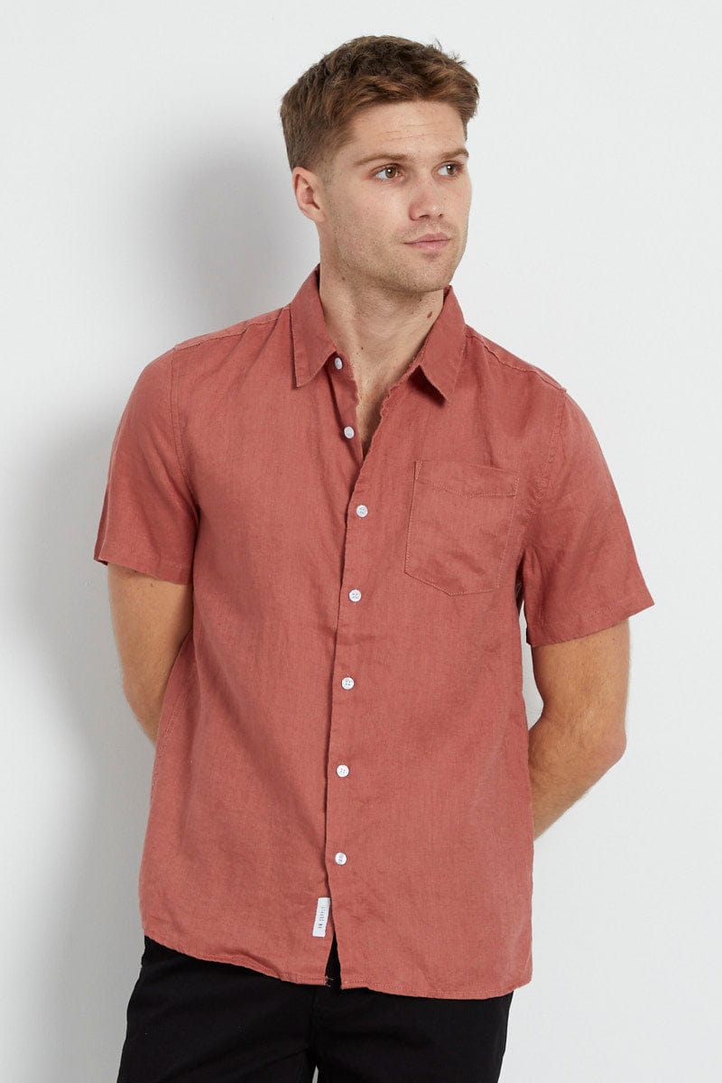 Rust Linen Shirt Short Sleeve Slim Fit Button Up