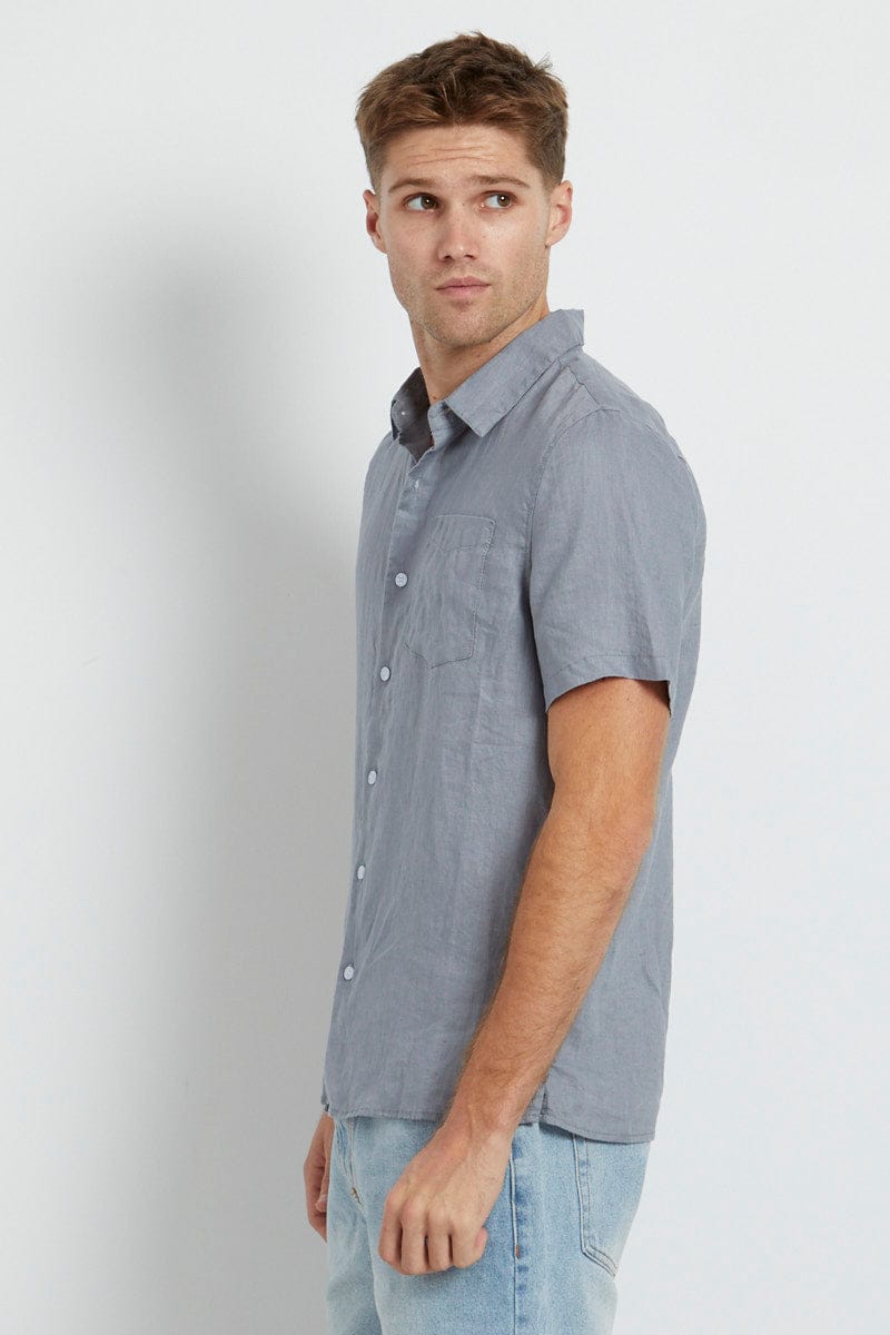 Blue Linen Shirt Short Sleeve Slim Fit Button Up