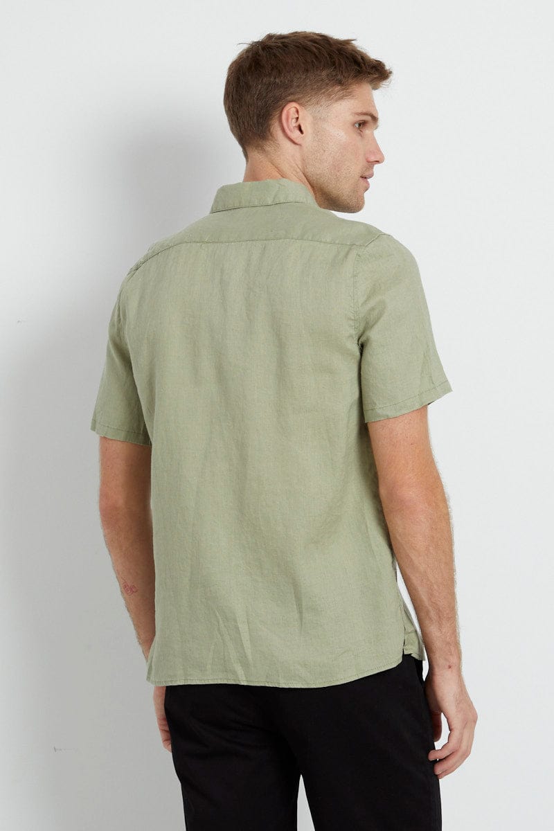 Green Linen Shirt Short Sleeve Slim Fit Button Up