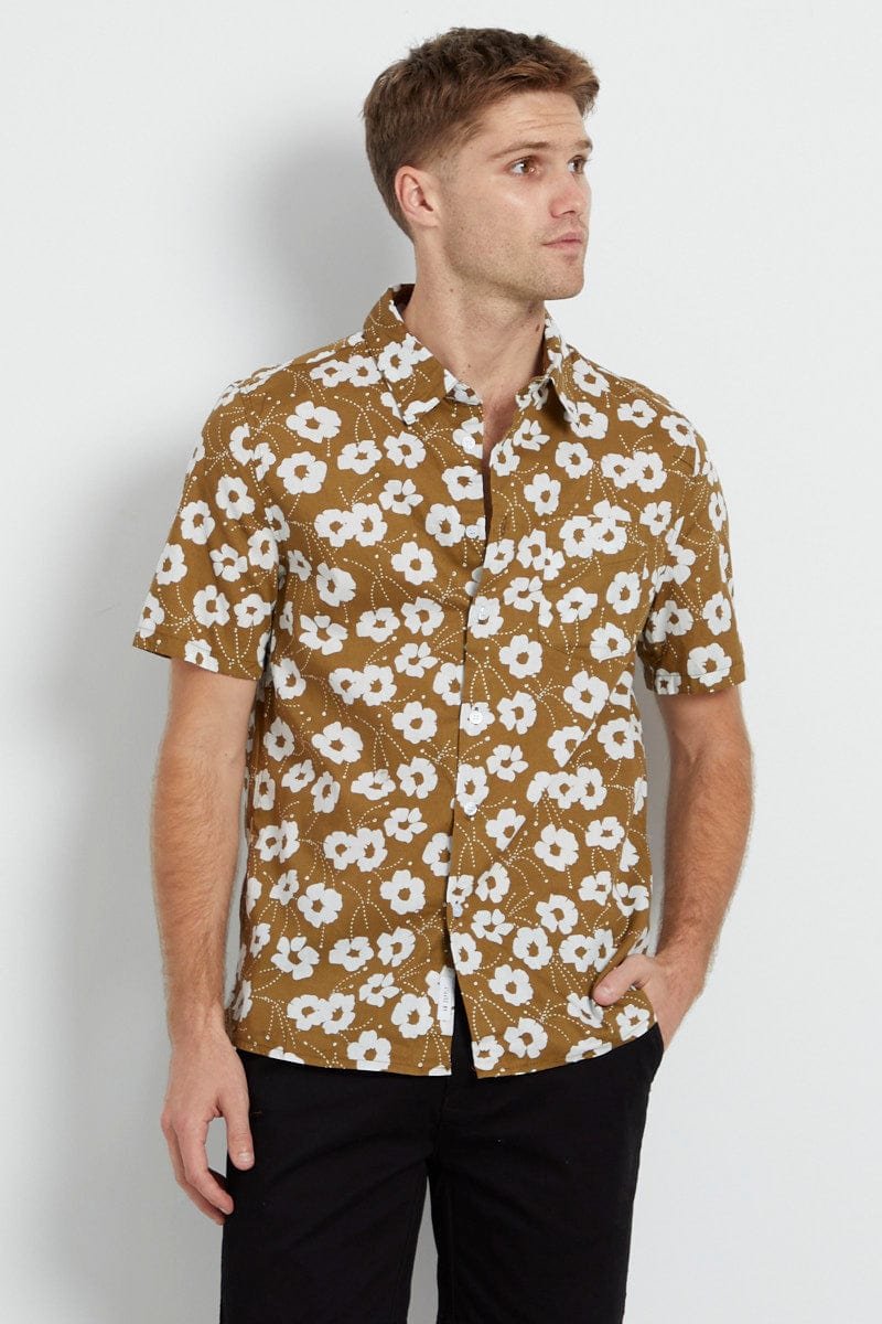 Print Shirt Floral Short Sleeve Button Down Cotton