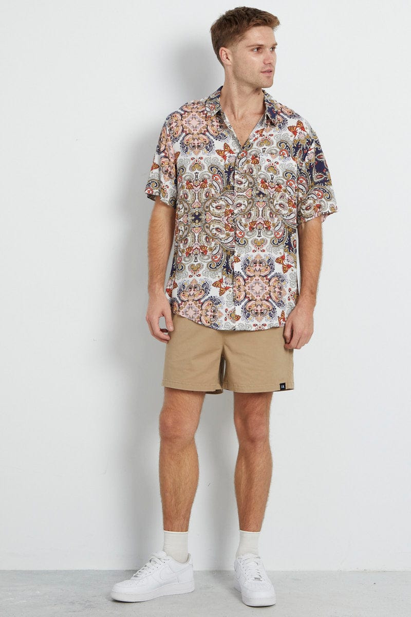 Print Short Sleeve Shirt Rayon Resort Collar Relaxed Fit