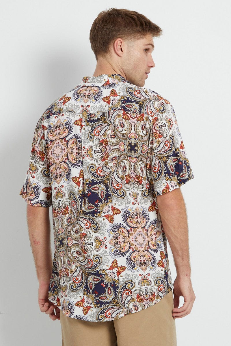 Print Short Sleeve Shirt Rayon Resort Collar Relaxed Fit