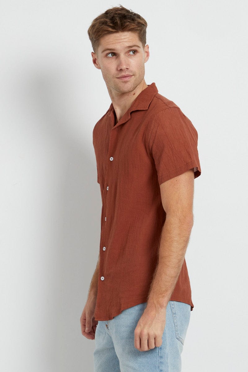 Rust Short Sleeve Shirt Crinkle Relaxed Fit
