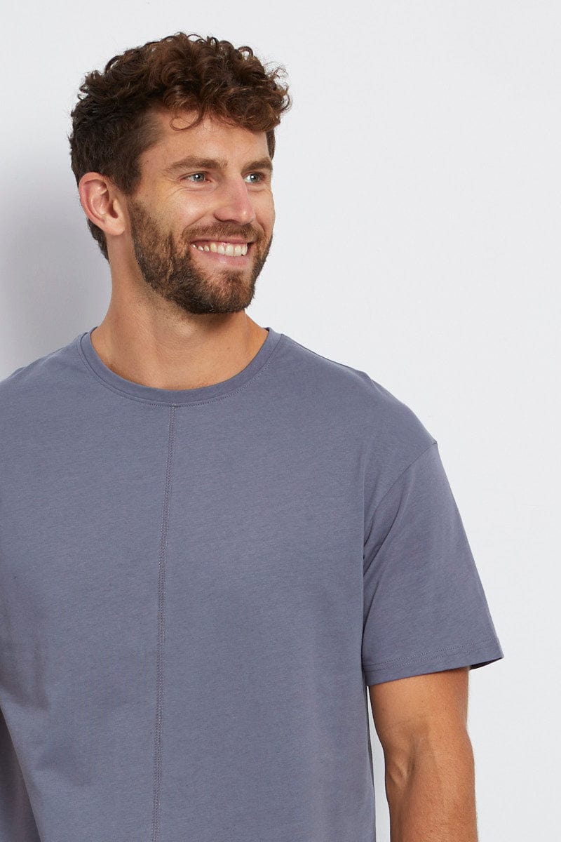 Blue Splice T-Shirt Cotton Short Sleeve Crew Neck