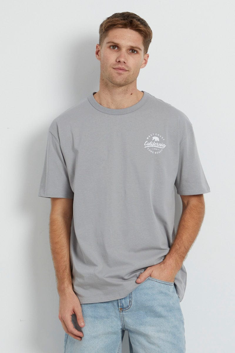 Grey Cotton T-Shirt Crew Neck Short Sleeve California