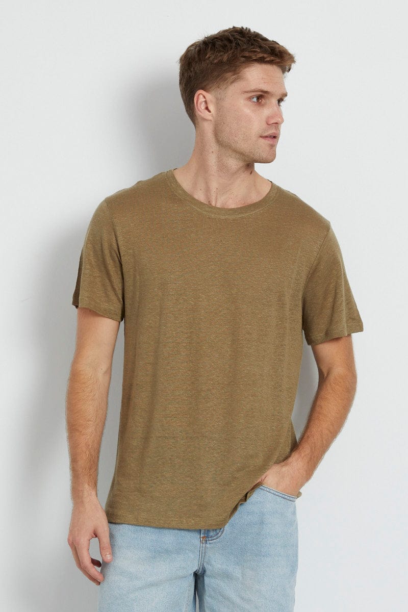 Green Linen T-Shirt Crew Neck Short Sleeve