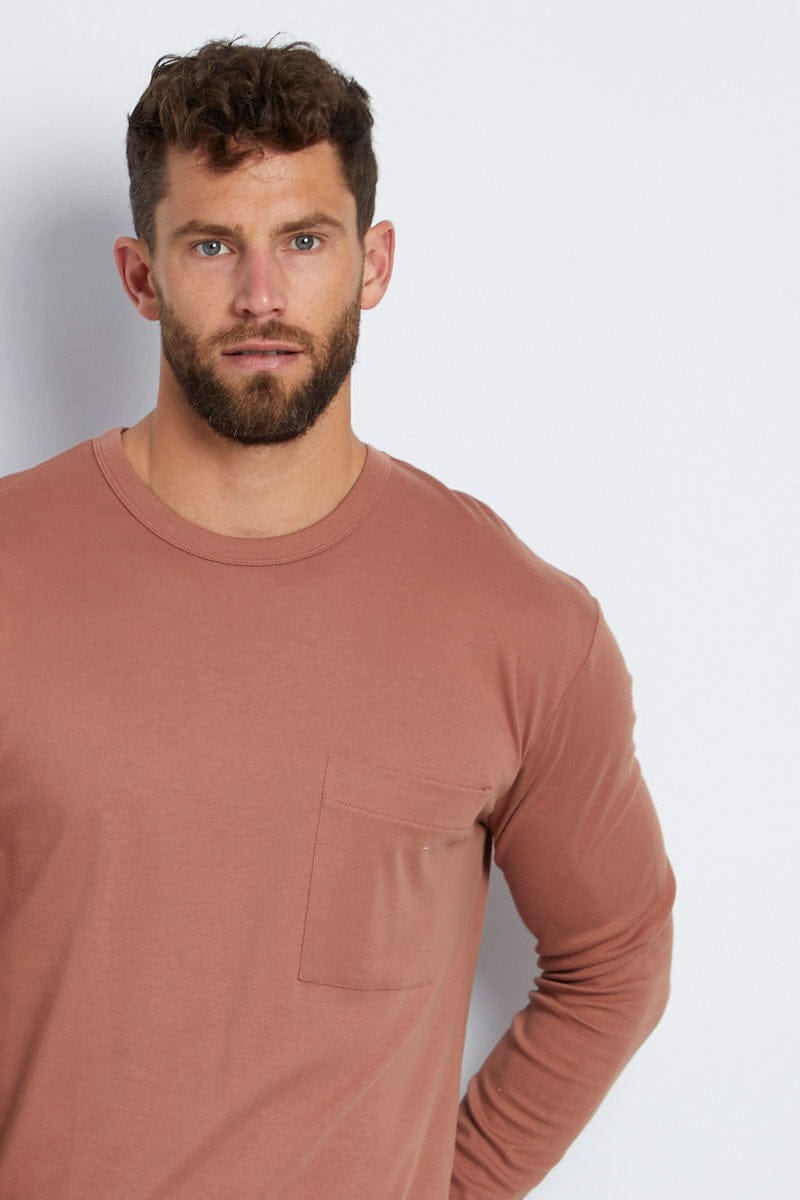 Brown Cotton T-Shirt Brushed Long Sleeve Crew Neck