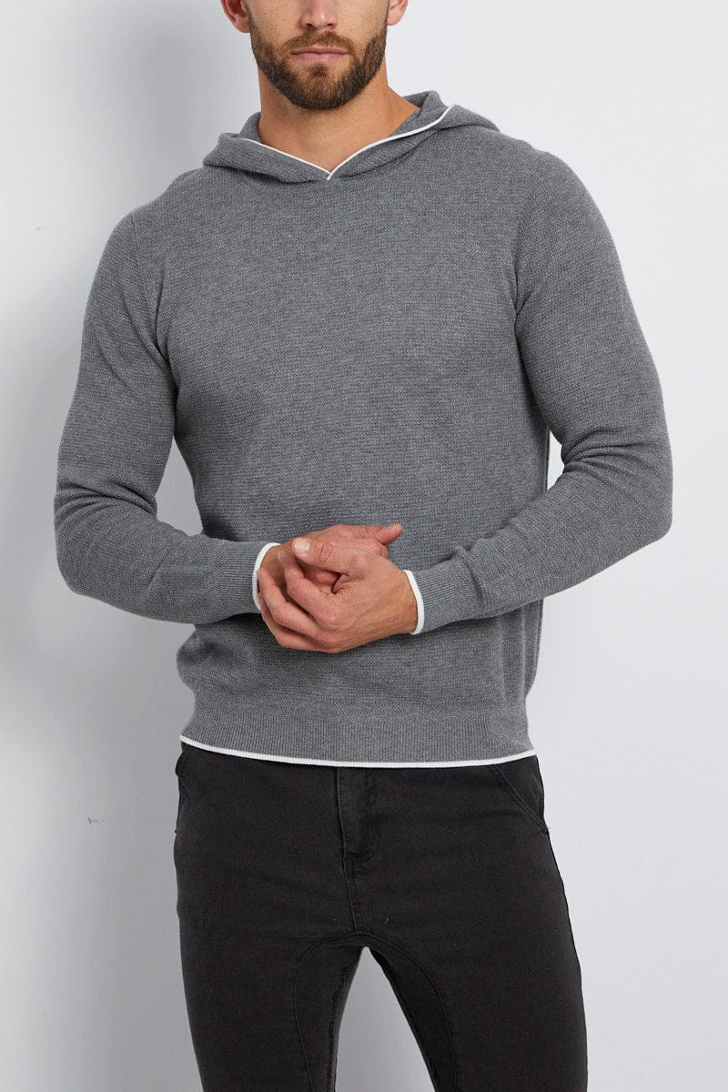 Grey Knit Hoodie Cotton Textured Knit Tipping Detail
