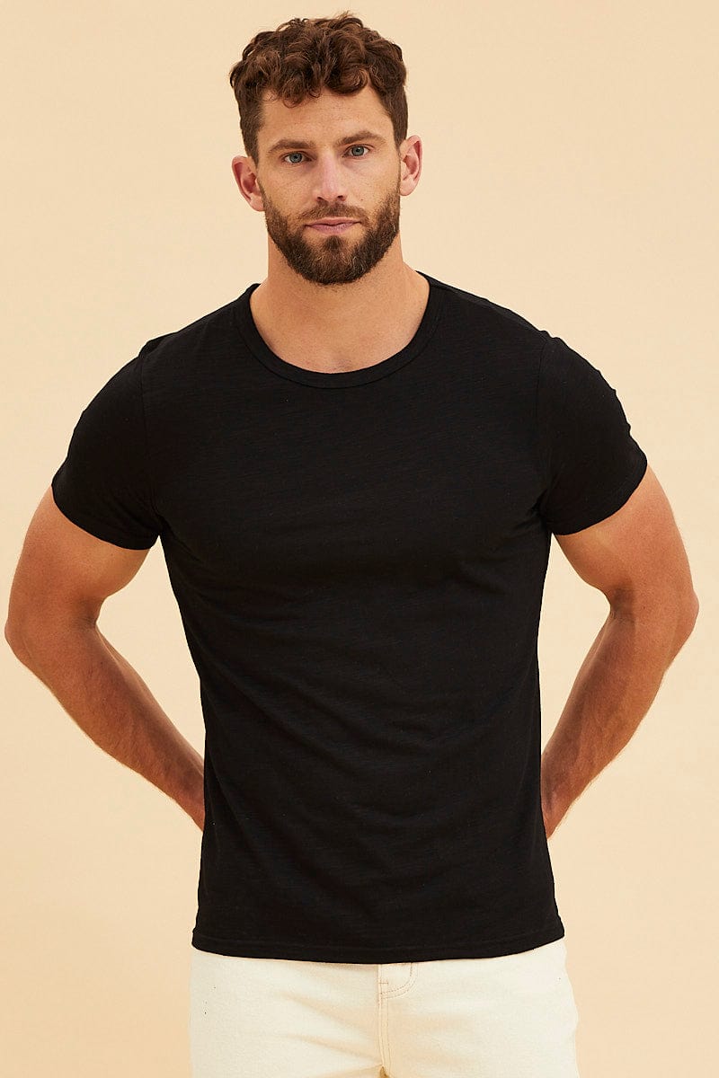 BASIC Black Cotton T-Shirt Slub Crew Neck Regular Fit for Women by Ally