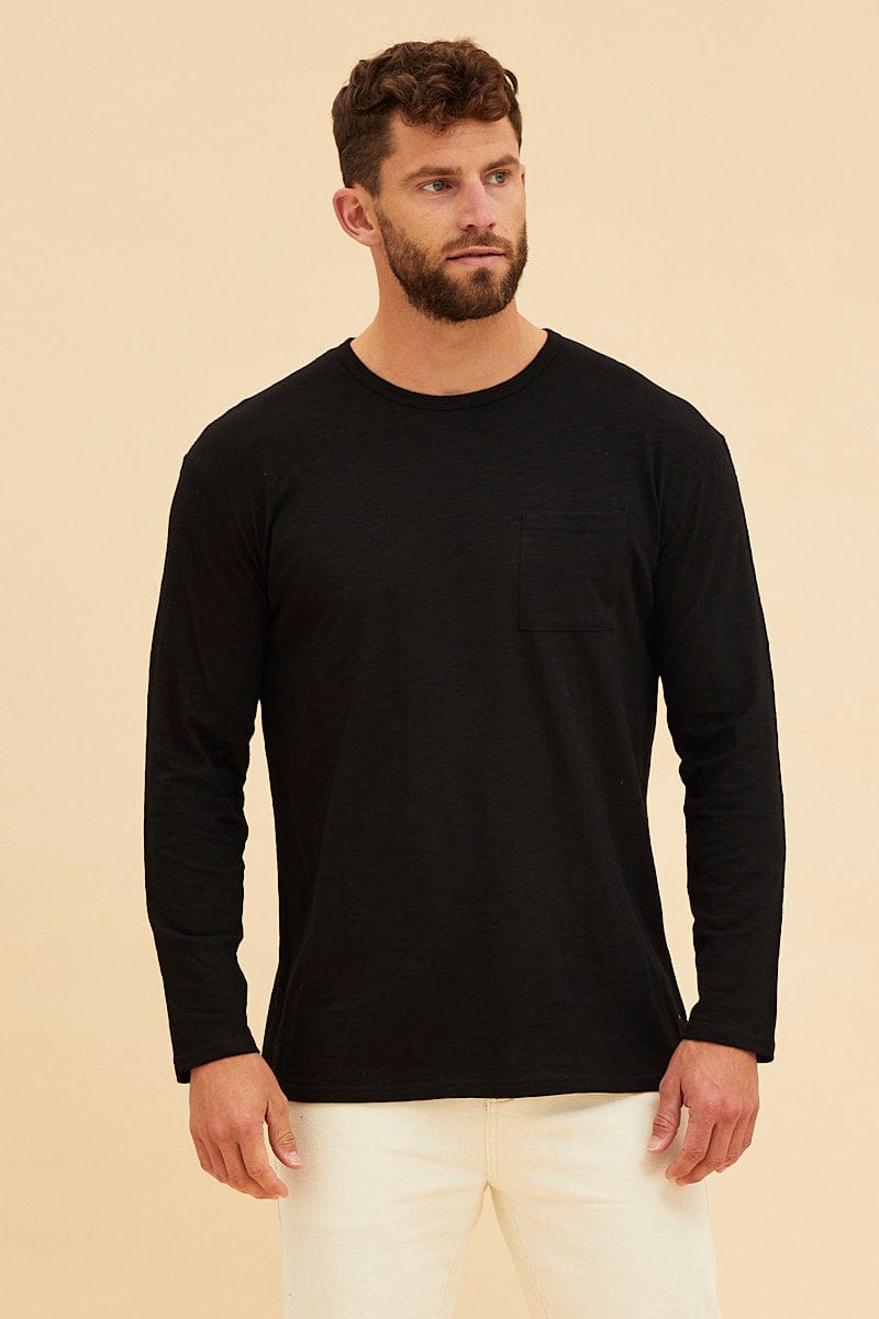 BASIC Black Long Sleeve T-Shirt Crew Neck Cotton Slub for Women by Ally