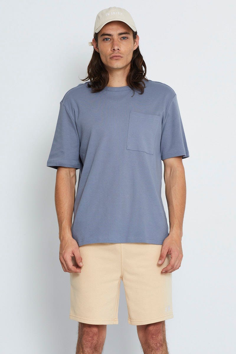 BASIC Blue Brushed T-Shirt Oversized Pocket Short Sleeve for Women by Ally