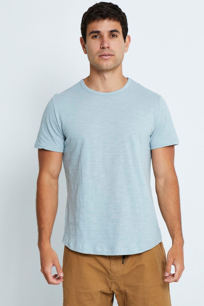 BASIC Blue Cotton T-Shirt Slub Crew Neck Short Sleeve for Women by Ally