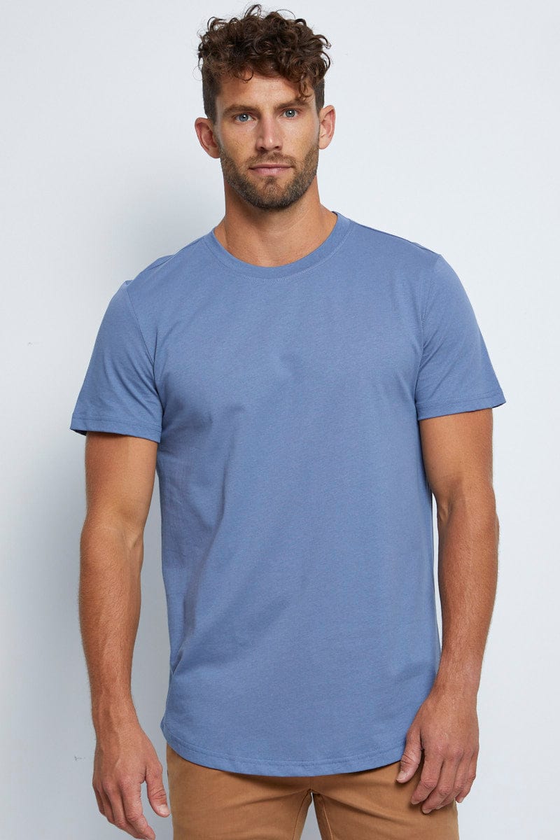 BASIC Blue Long Line T-Shirt Crew Neck Short Sleeve for Women by Ally
