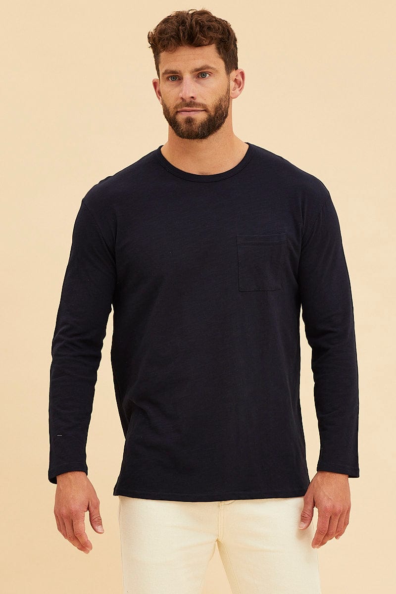 BASIC Blue Long Sleeve T-Shirt Crew Neck Cotton Slub for Women by Ally