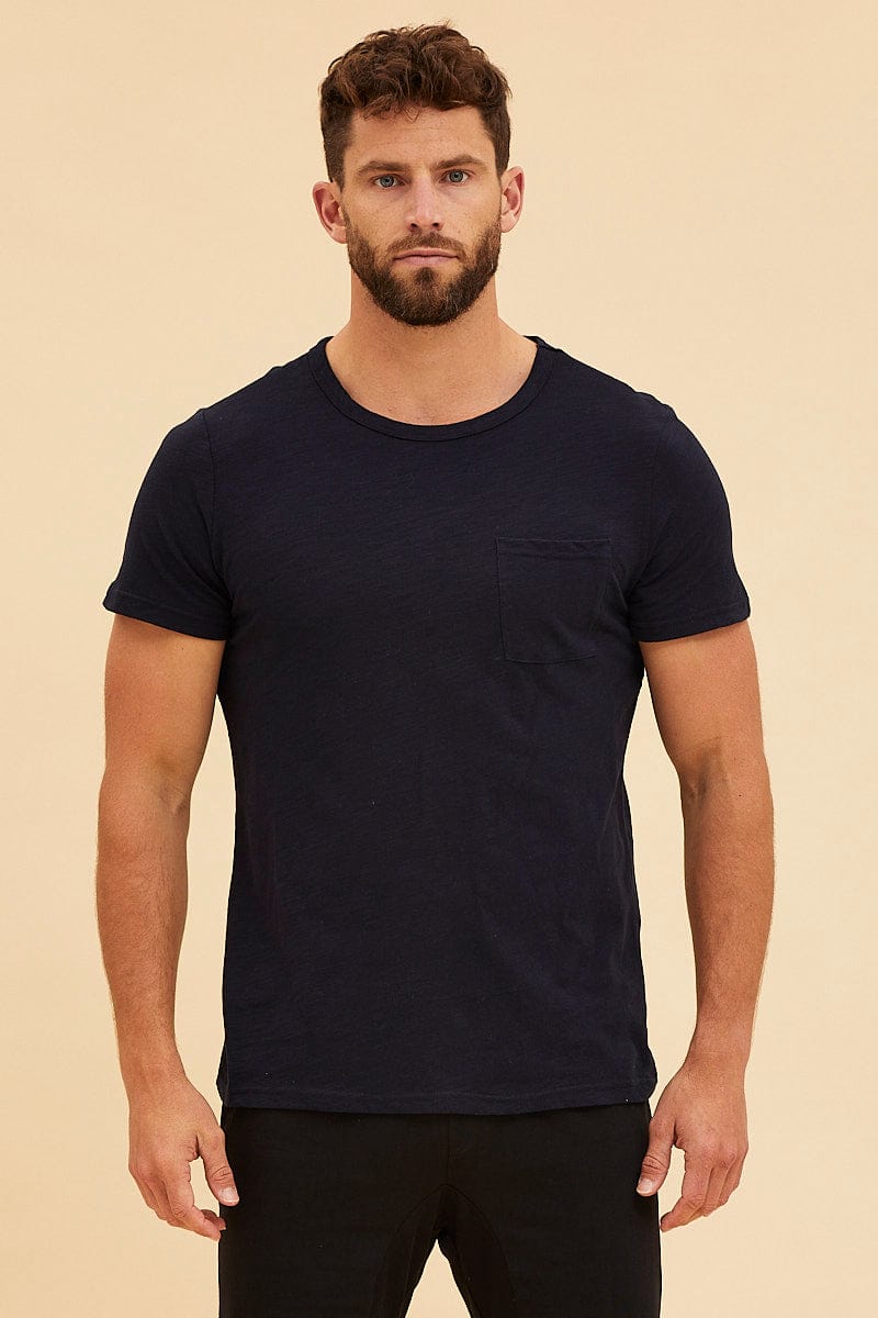 BASIC Blue Pocket T-Shirt Cotton Slub Crew Neck Regular Fit for Women by Ally