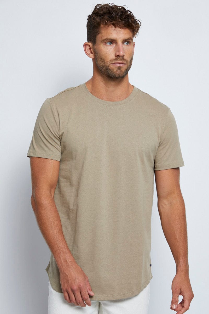 BASIC Brown Long Line T-Shirt Crew Neck Short Sleeve for Women by Ally