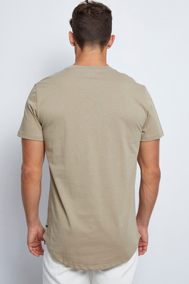 BASIC Brown Long Line T-Shirt Crew Neck Short Sleeve for Women by Ally